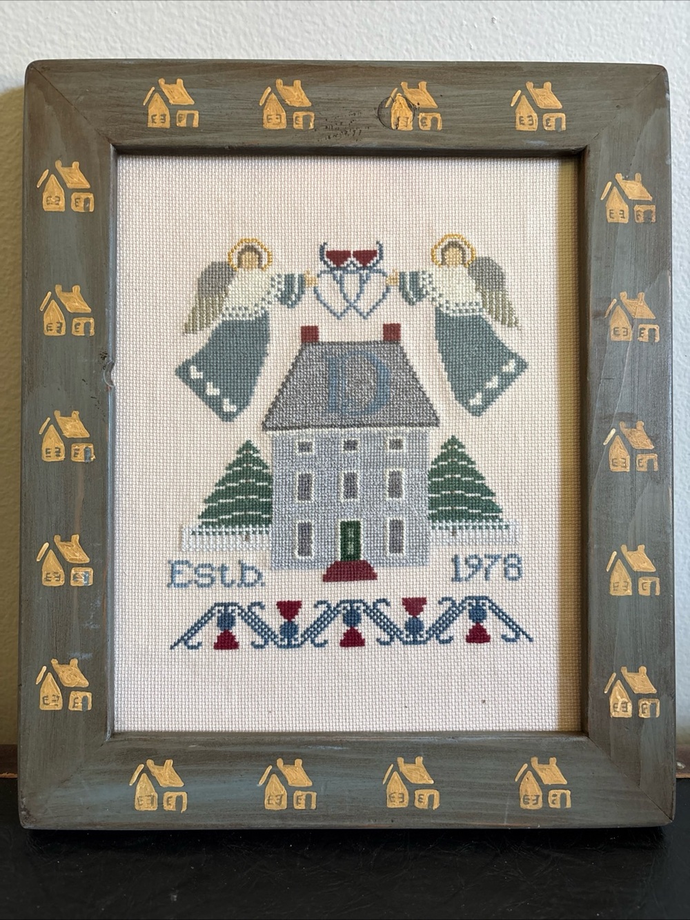 Vintage Homemade Needlepoint 1978 Blue Cottagecore Country Wall Art Hanging